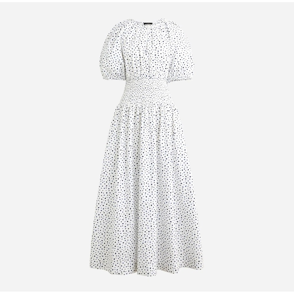 NEW J.Crew Polka Dot Smocked Waist Puff Sleeve Cotton Midi Dress White Navy M - Picture 1 of 9